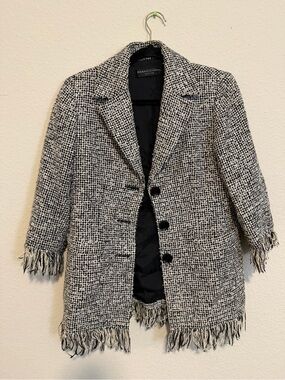 Dana Buchman Black & White Tweed Fringe Coat